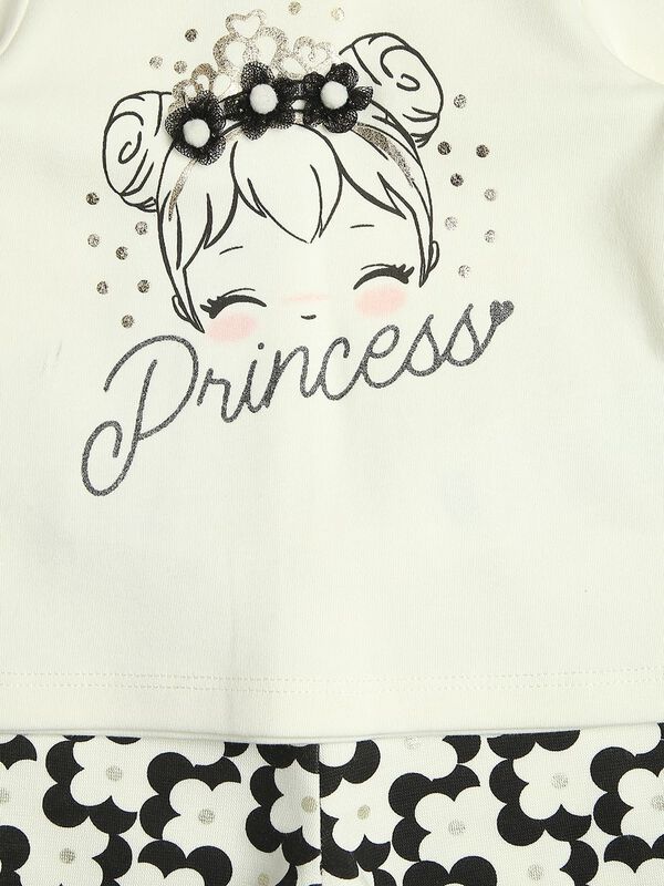 Girls White & Black Printed T-Shirt with Leggings image number null